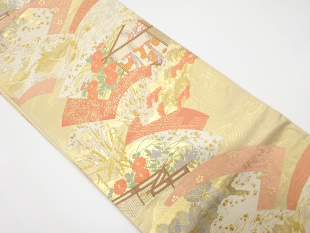 アンティーク　引箔重ね地紙に御す・秋草模様織出し袋帯（材料）